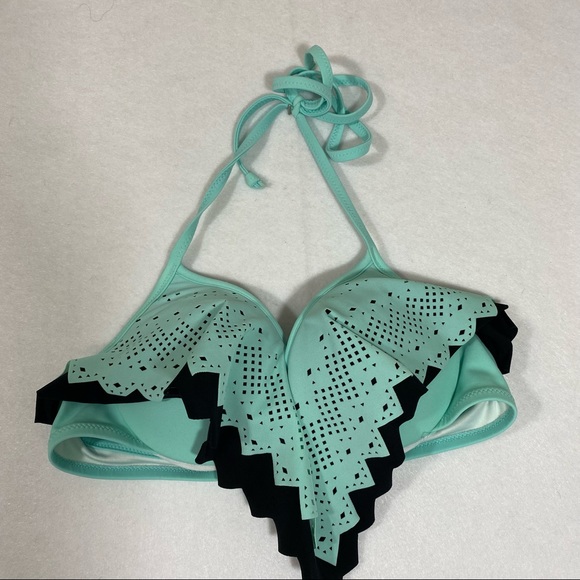 Pink Victoria’s Secret halter Top Bikini Top Teal and black push-up bra padded - Picture 8 of 9